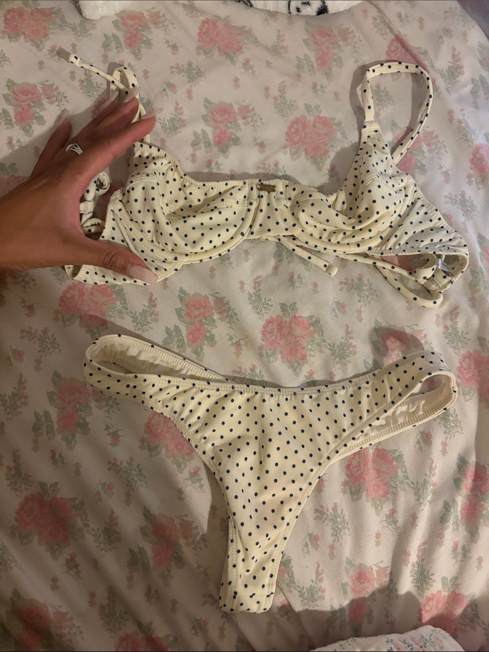 Gooseberry Cream Polka Dot Bandeau Bikini Top and Bottom Set